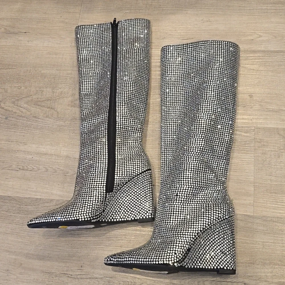 Gianna Bini Wedge Heel Rhinestone Knee High Silver BOOTS Disco Ball Cinderella - Picture 7 of 7